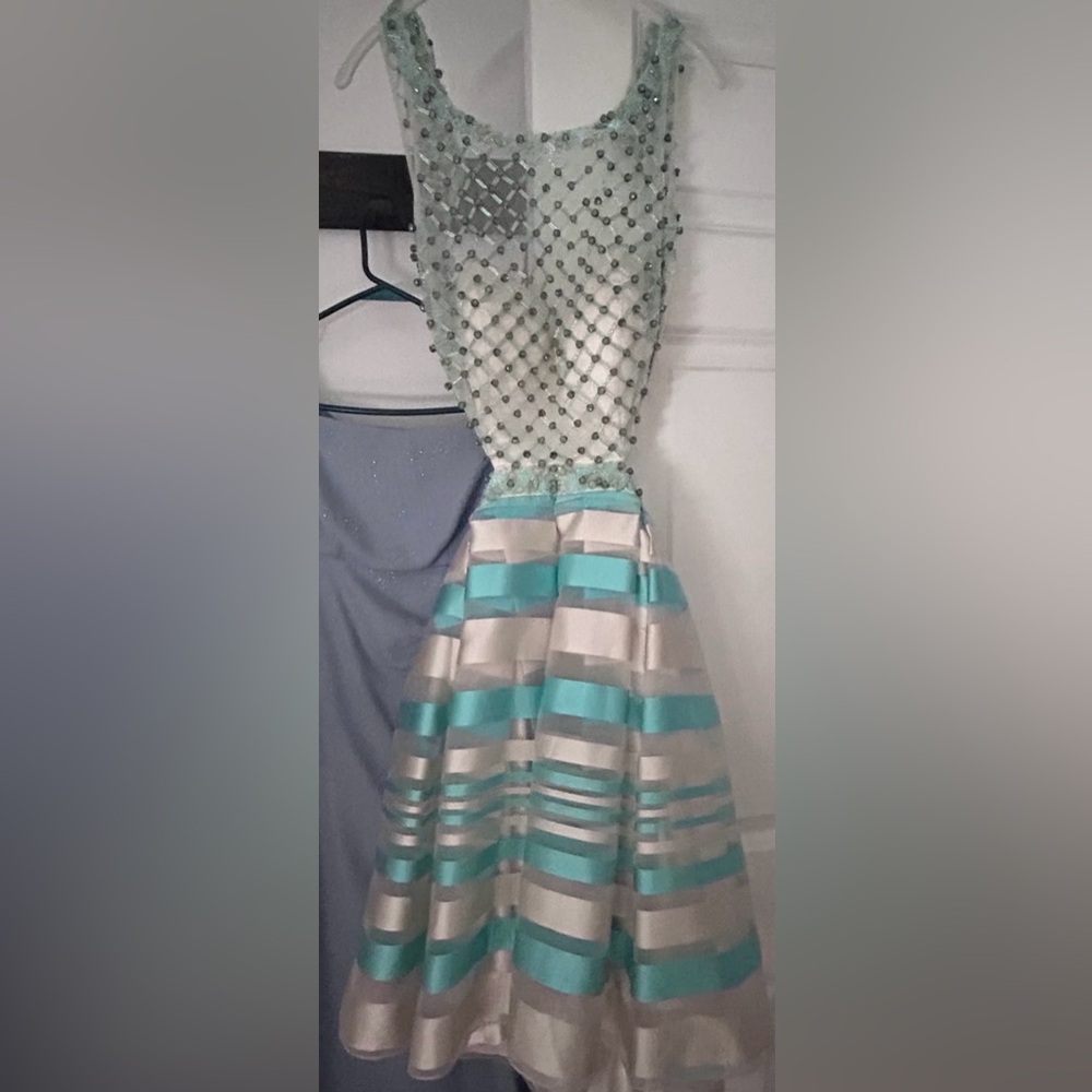 Milano Formals Aqua and Silver Striped Kids Dress